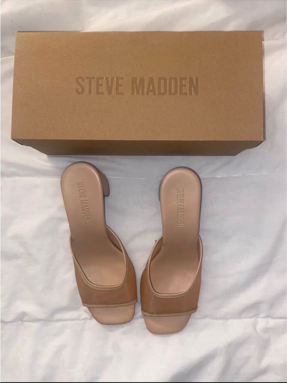 Steve Madden Tan Leather Open-Toe Slide Mules